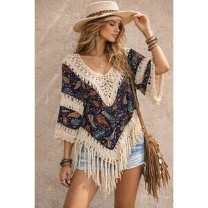 Boho Fringe Poncho Tunic Top Small Paisley Crochet Festival Hippie Gypsy Cottage